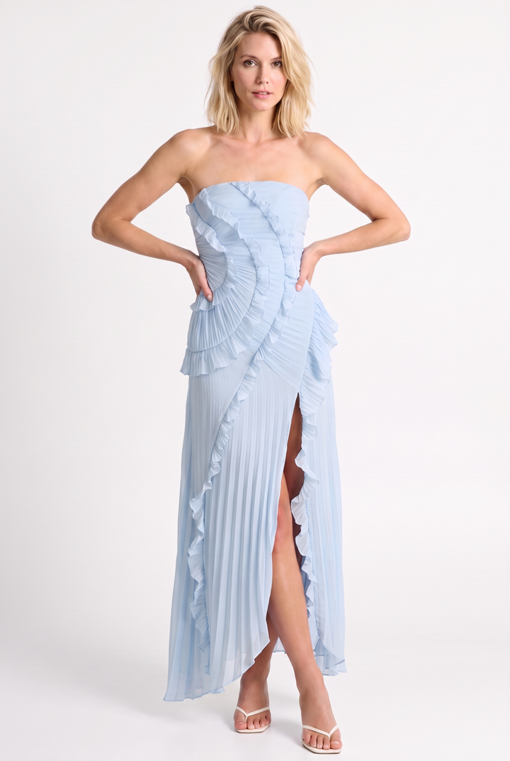 Blue Strapless Ruffle Maxi Dress