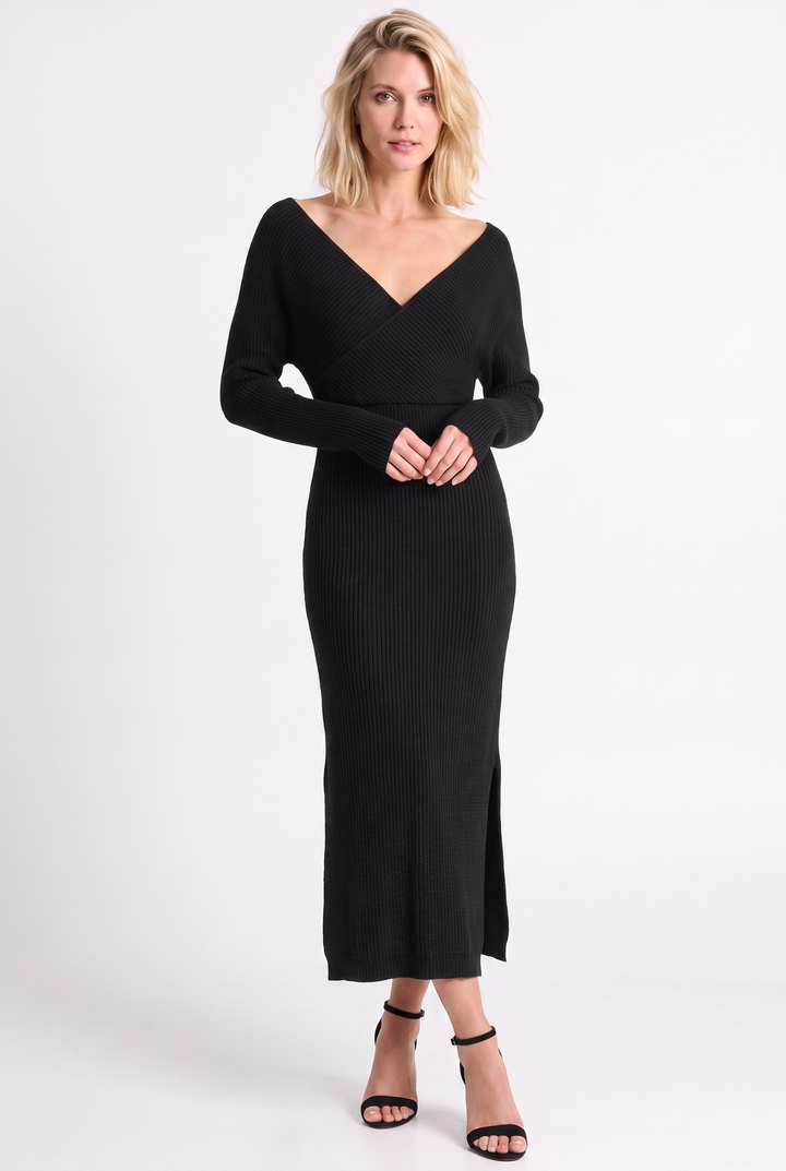 Black Knit Wrap Midi Dress