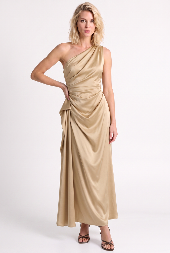 Gold One Shoulder Satin Midi Dress