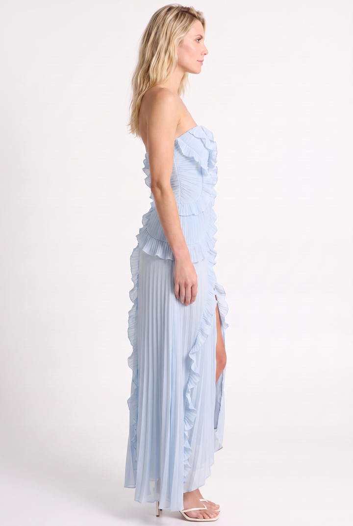 Blue Strapless Ruffle Maxi Dress