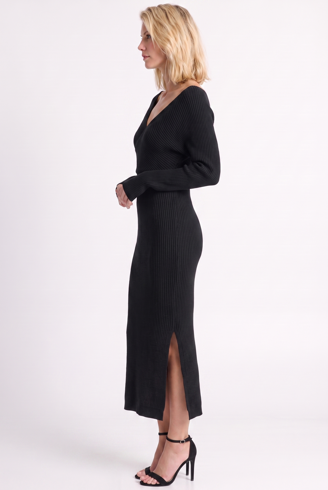 Black Knit Wrap Midi Dress