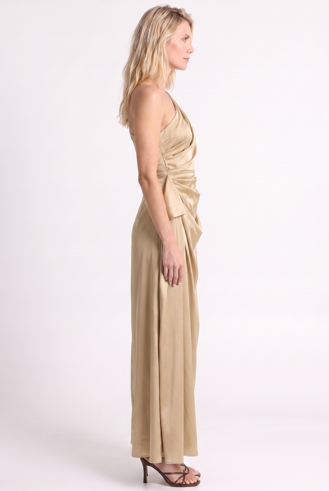 Gold One Shoulder Satin Midi Dress