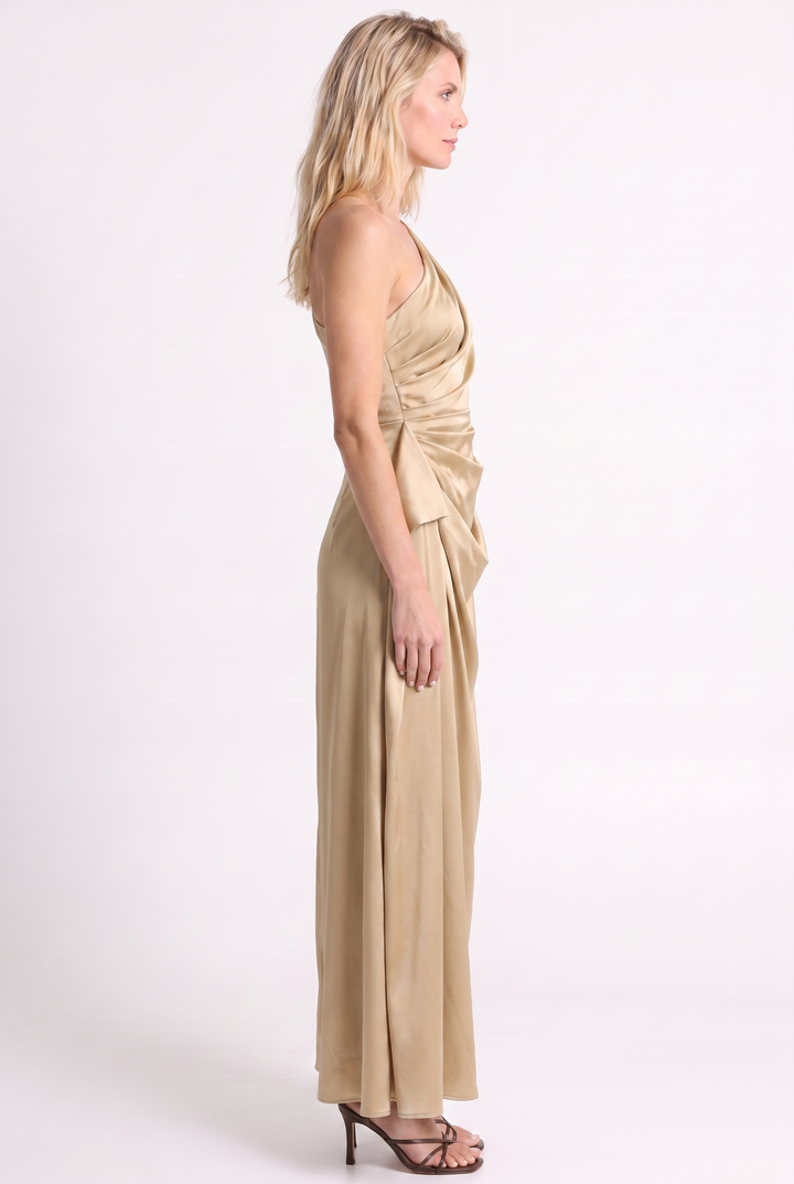 Gold One Shoulder Satin Midi Dress